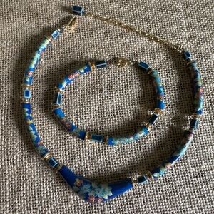 Vintage Cloisonné Floral Focal Bead Choker Necklace Bracelet Set Japan